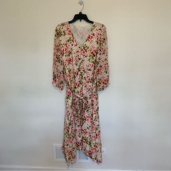 J. Jill Hydrangea Floral Print Flowy Button Up Belted Midi Dress Size Large - Picture 1 of 12